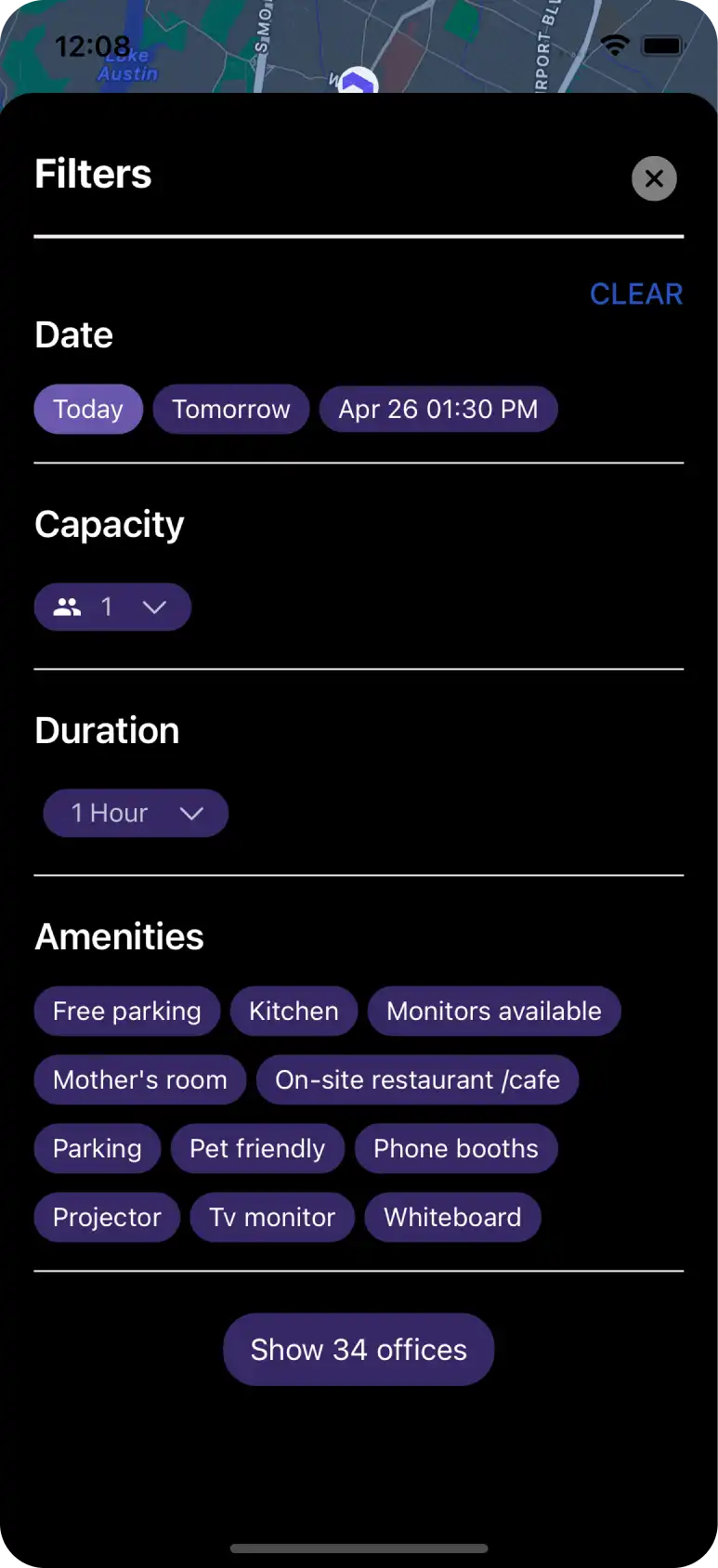 Страница с фильтрами коворкингов
